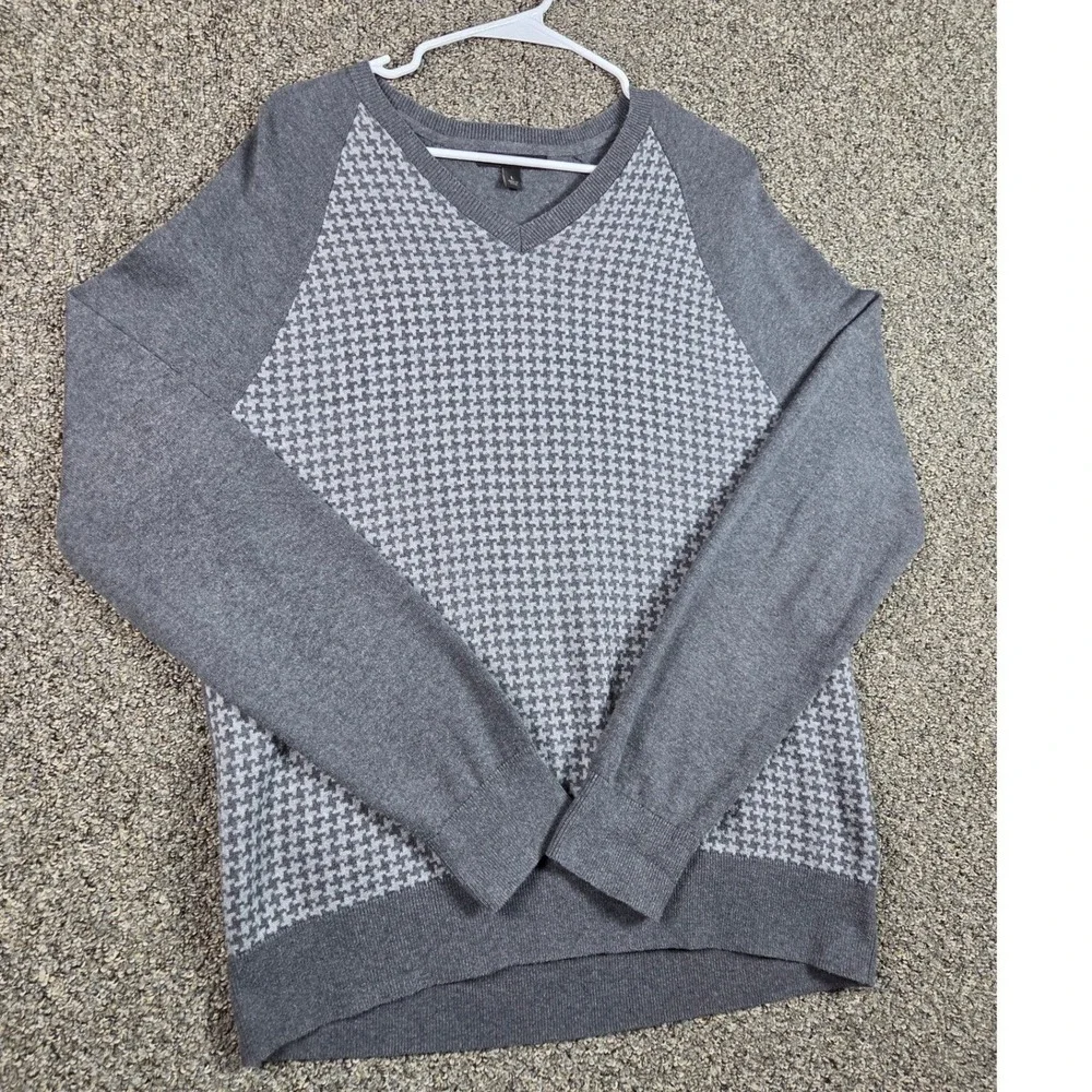 Banana Republic Sweater Men Large Gray Houndstooth V-Neck‎ Cotton Raglan 54023